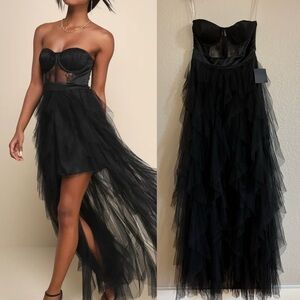 Forever Flawless Black Sheer Lace Strapless Bustier Maxi Dress